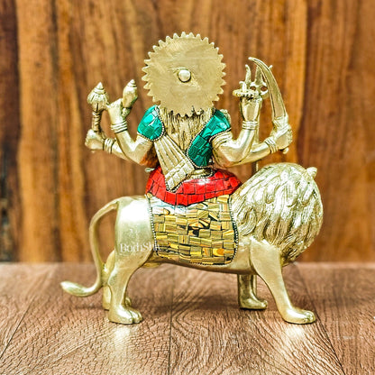 Goddess Durga brass idol with 8 arms sitting on lion with stonework 9 inches with stonework - Budhshiv.com