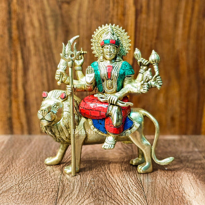 Goddess Durga brass idol with 8 arms sitting on lion with stonework 9 inches with stonework - Budhshiv.com
