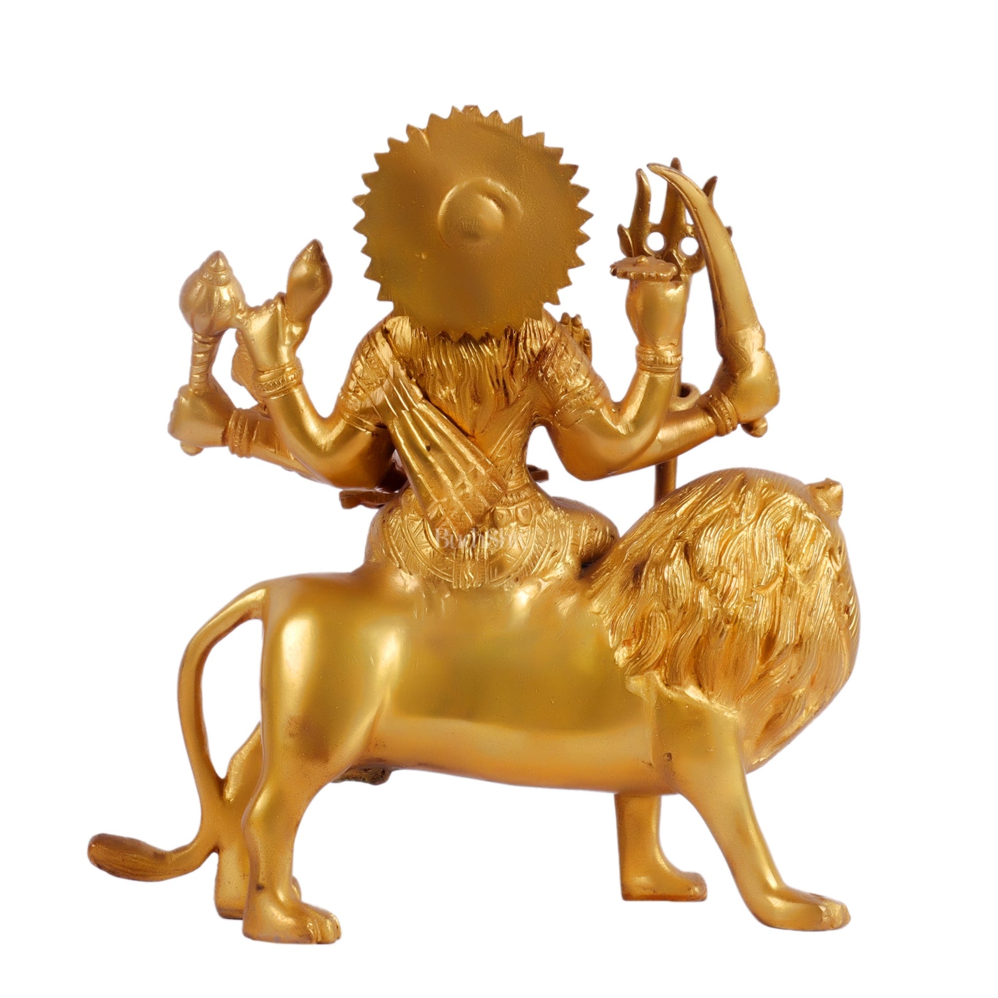 Goddess Durga brass idol with 8 arms sitting on lion with stonework 9 inches - Budhshiv.com