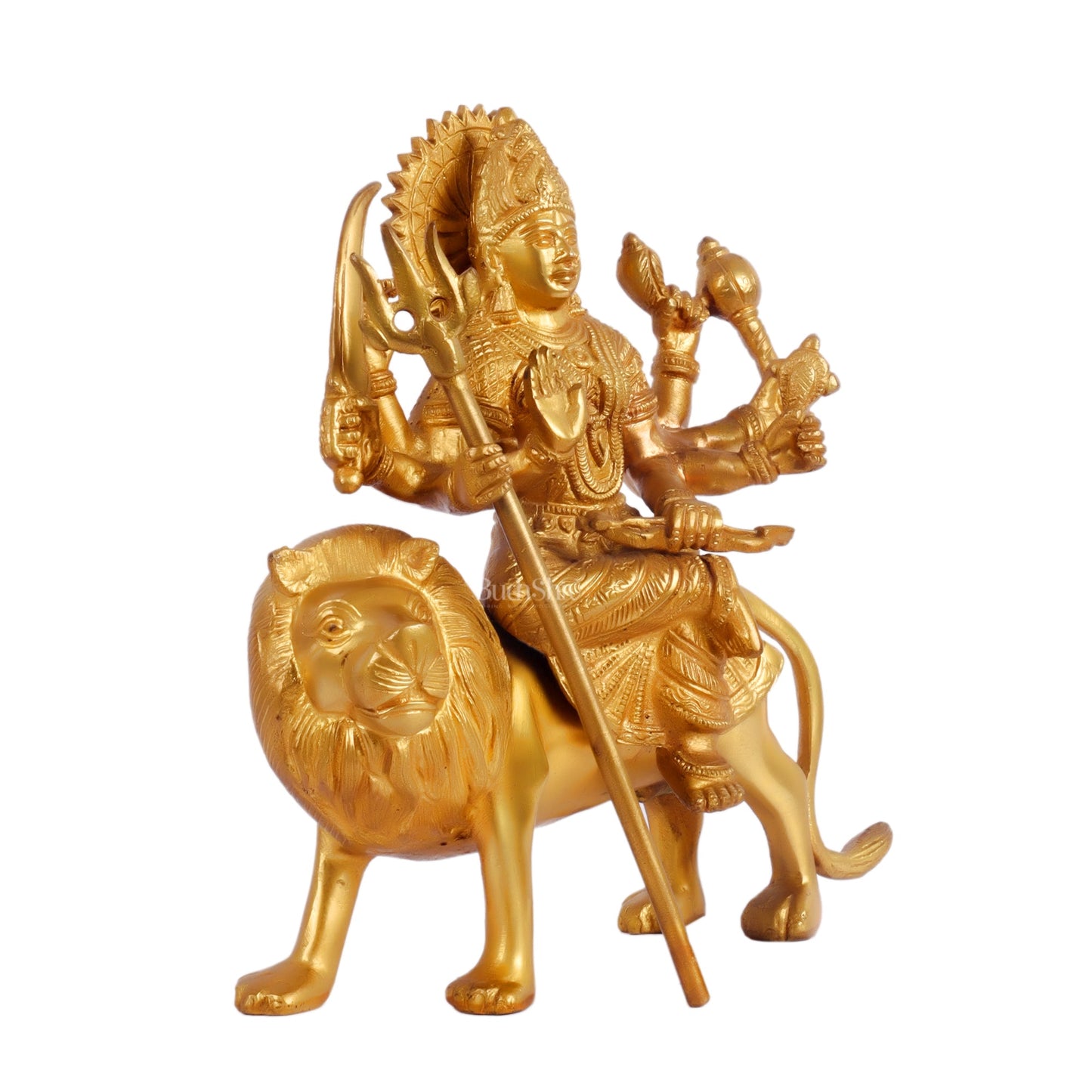 Goddess Durga brass idol with 8 arms sitting on lion with stonework 9 inches - Budhshiv.com