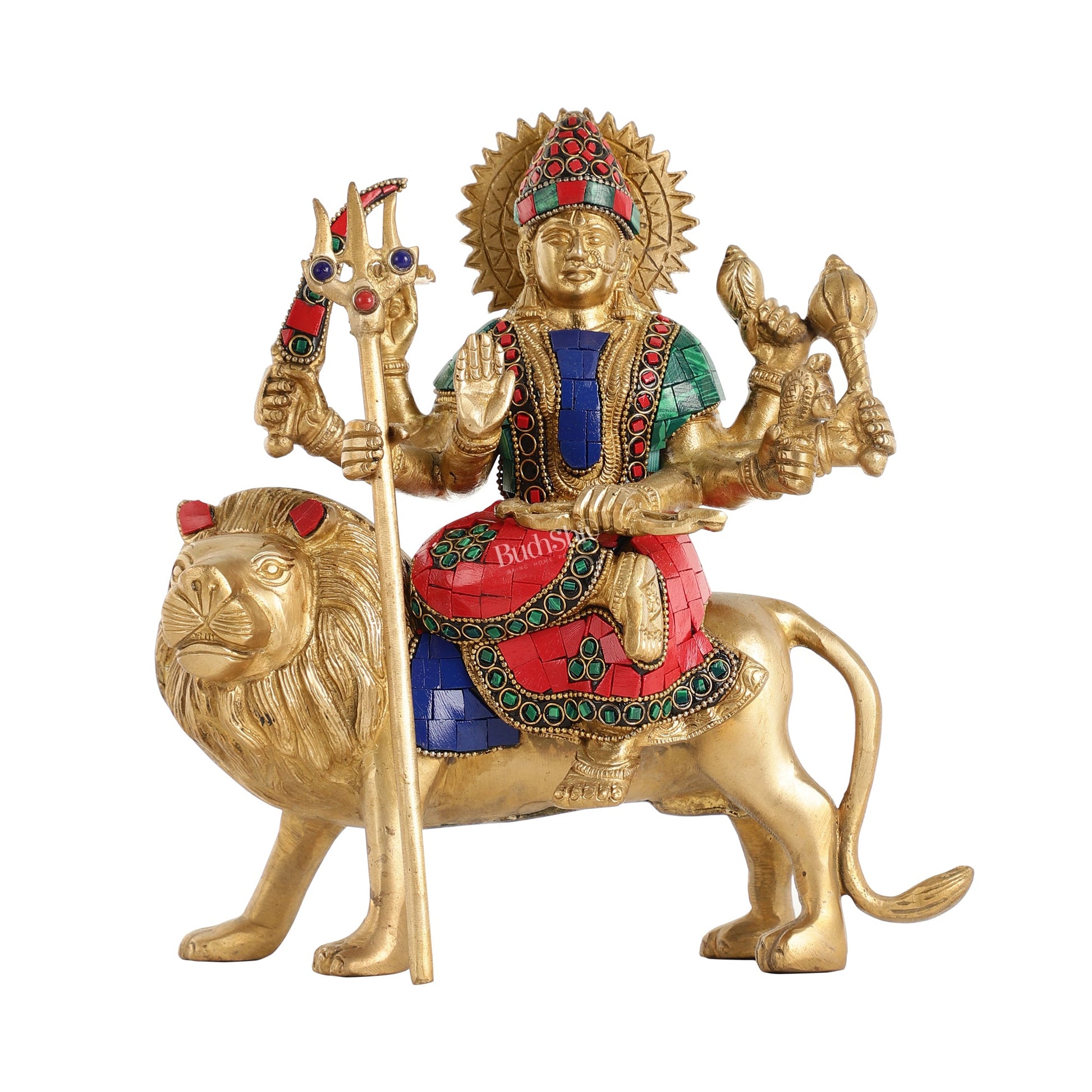 Goddess Durga brass idol with 8 arms sitting on lion with stonework 9 inches - Budhshiv.com