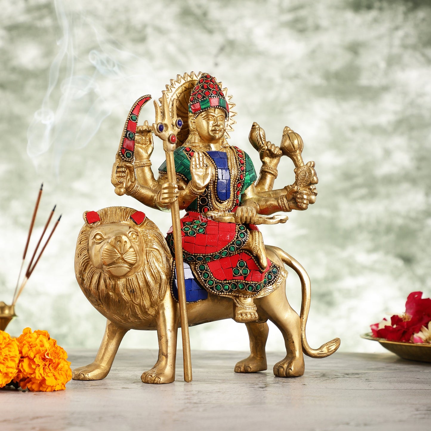 Goddess Durga brass idol with 8 arms sitting on lion with stonework 9 inches - Budhshiv.com