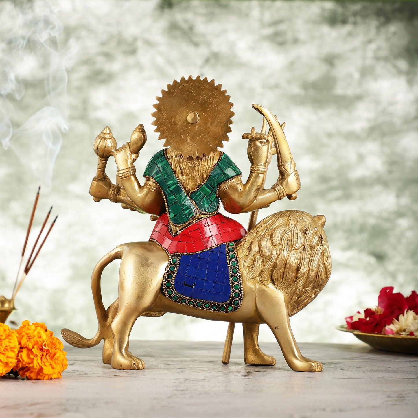 Goddess Durga brass idol with 8 arms sitting on lion with stonework 9 inches - Budhshiv.com