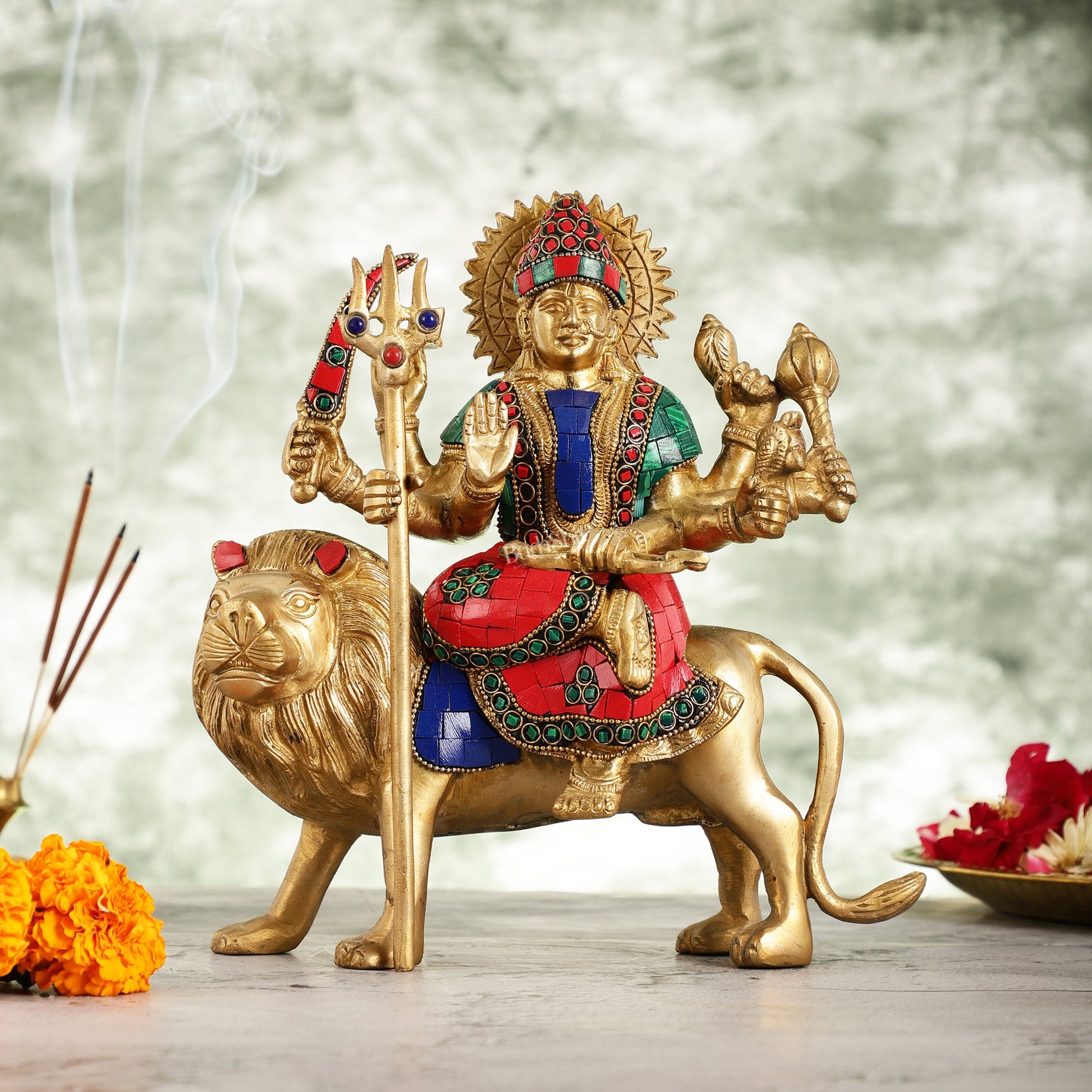 Goddess Durga brass idol with 8 arms sitting on lion with stonework 9 inches - Budhshiv.com