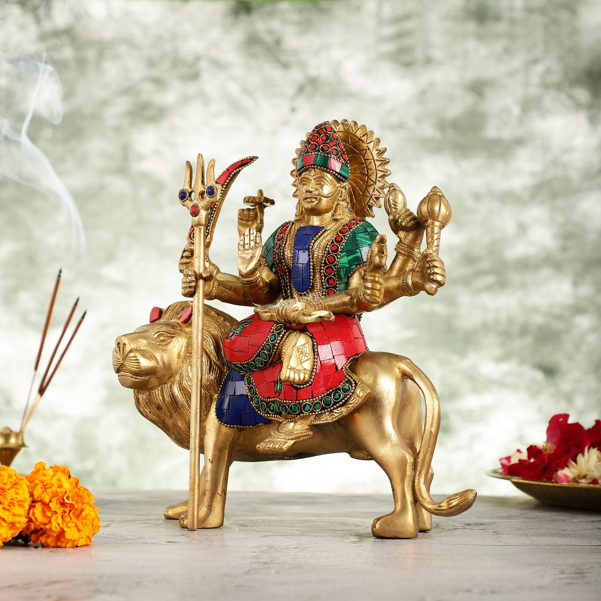 Goddess Durga brass idol with 8 arms sitting on lion with stonework 9 inches - Budhshiv.com