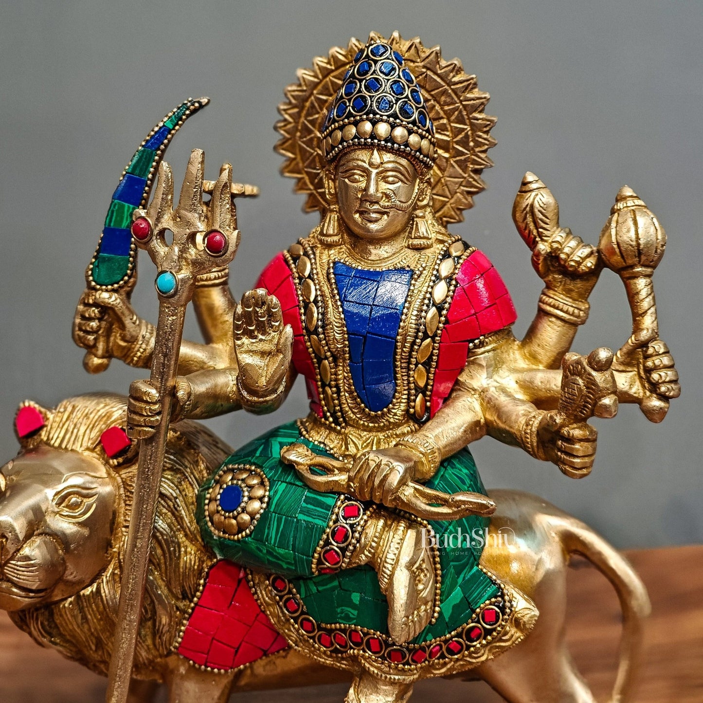 Goddess Durga brass idol with 8 arms sitting on lion with stonework 9 inches - Budhshiv.com