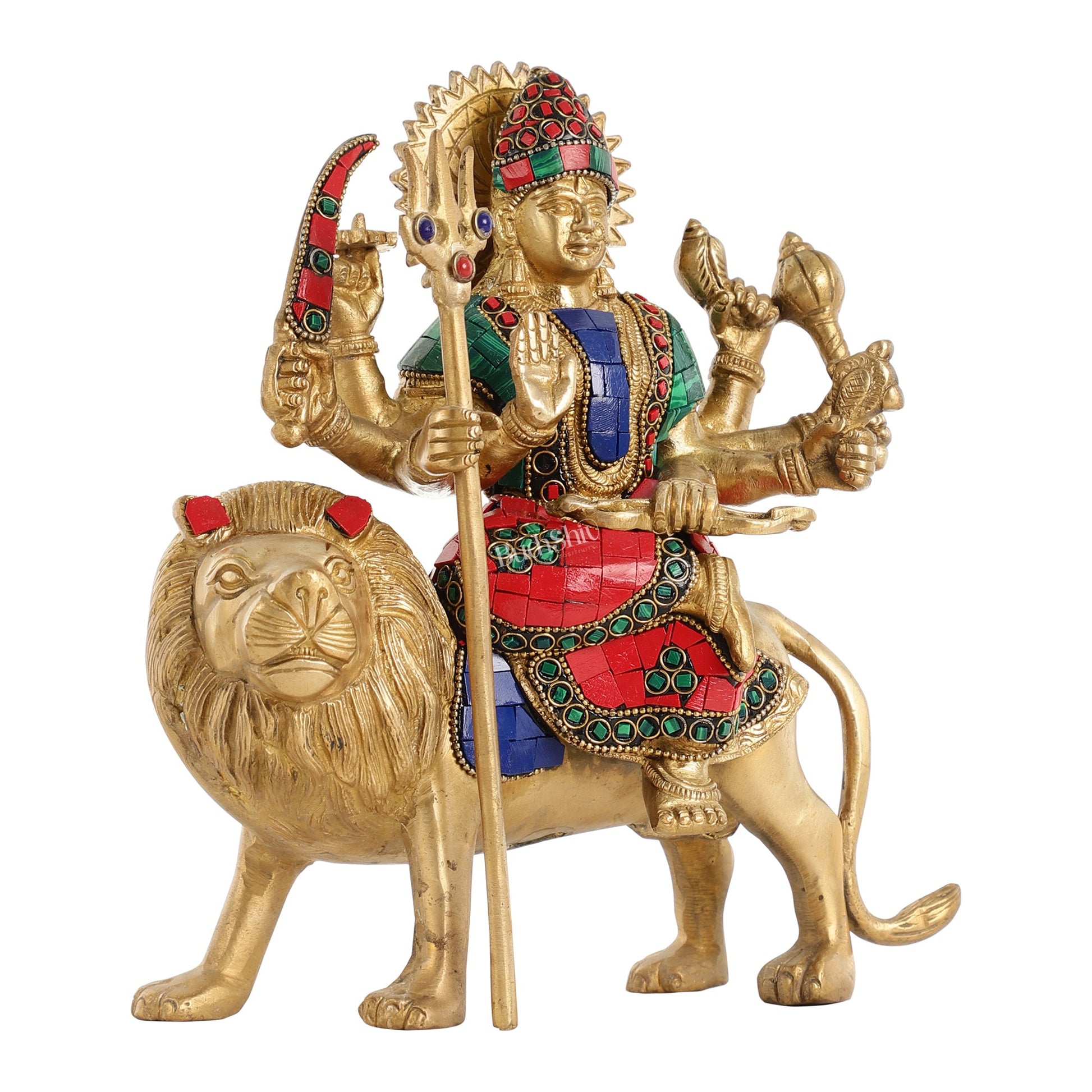 Goddess Durga brass idol with 8 arms sitting on lion with stonework 9 inches - Budhshiv.com