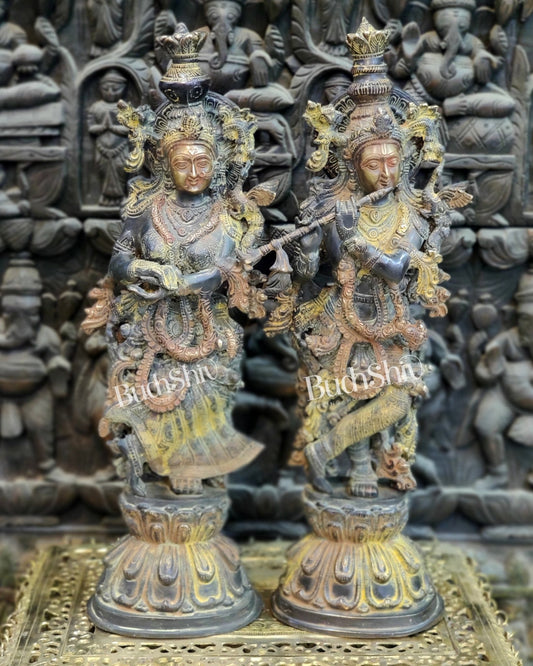 Handcrafted Antique Brass Radha Krishna Statue - 24" Height | Traditional Finish - Budhshiv.com