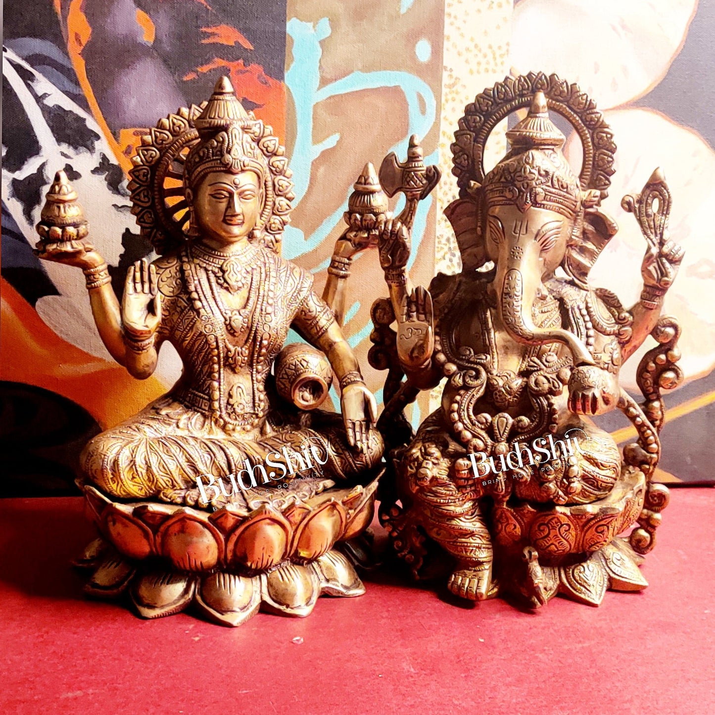 Handcrafted Antique Finished Lord Ganesha and Goddess Lakshmi Brass Idols 12" - Budhshiv.com