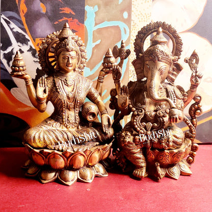 Handcrafted Antique Finished Lord Ganesha and Goddess Lakshmi Brass Idols 12" - Budhshiv.com