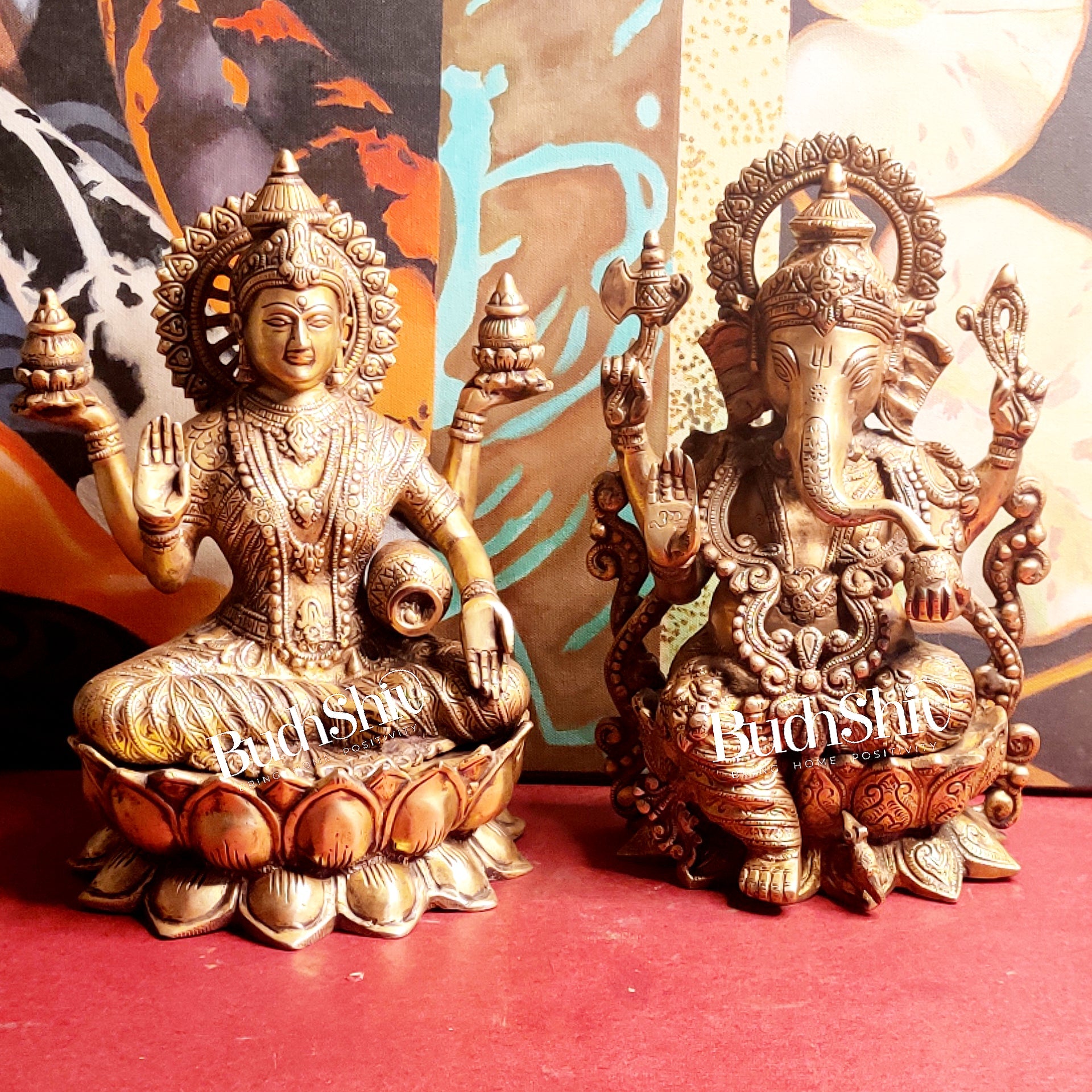 Handcrafted Antique Finished Lord Ganesha and Goddess Lakshmi Brass Idols 12" - Budhshiv.com