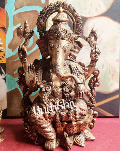 Handcrafted Antique Finished Lord Ganesha and Goddess Lakshmi Brass Idols 12" - Budhshiv.com