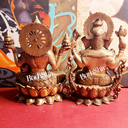 Handcrafted Antique Finished Lord Ganesha and Goddess Lakshmi Brass Idols 12" - Budhshiv.com