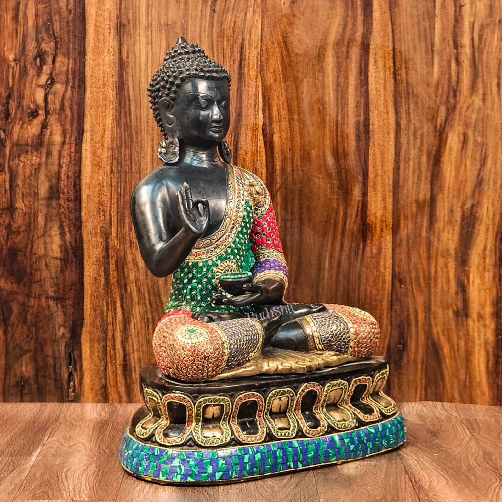 Handcrafted Brass Buddha Statue - Abhaya Aashirwad Mudra - Black and Golden Finish - 24 inches - Budhshiv.com