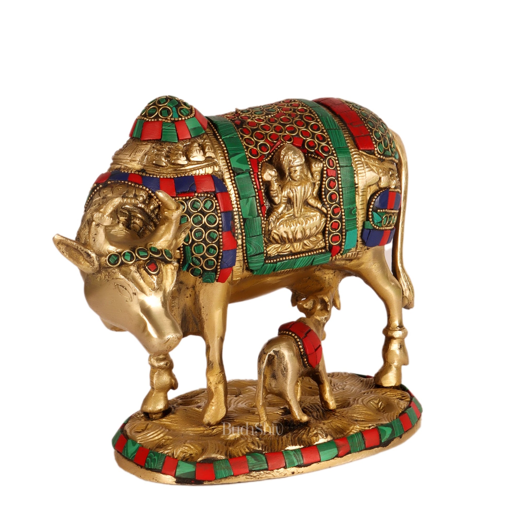 Handcrafted Brass Cow and Calf Statue | Ganesha and Lakshmi Carvings 8.5" - Budhshiv.com