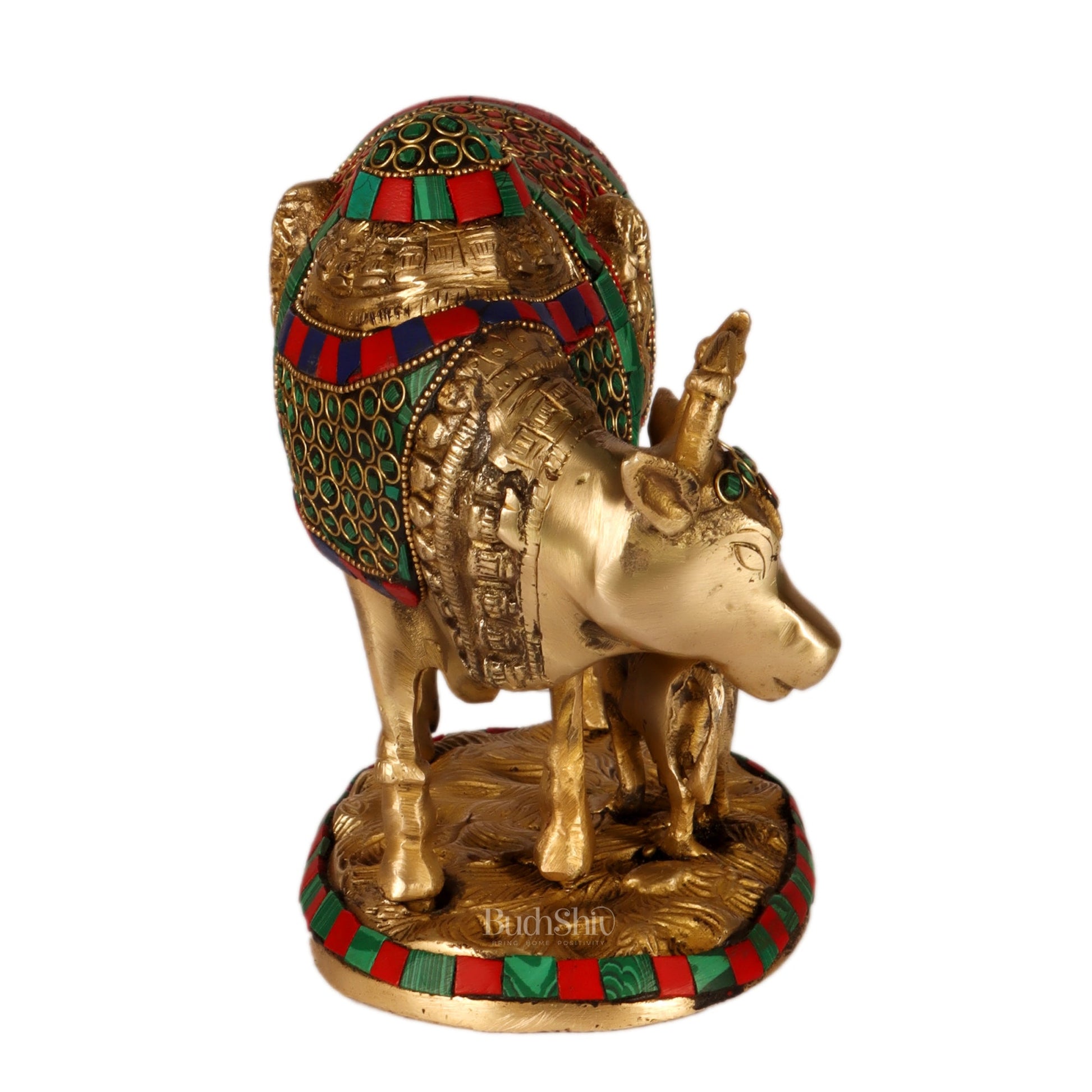 Handcrafted Brass Cow and Calf Statue | Ganesha and Lakshmi Carvings 8.5" - Budhshiv.com