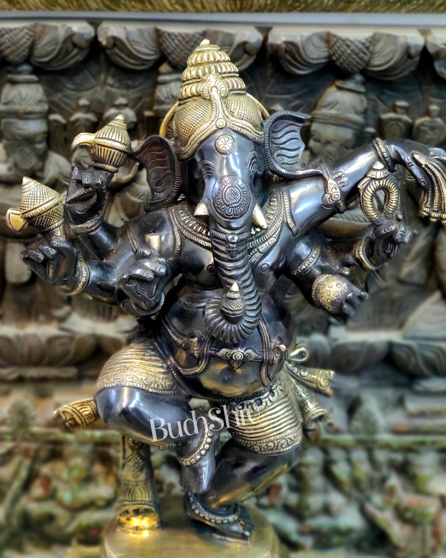 Handcrafted Brass Dancing Ganesha Statue - Large Size - Black and Gold Finish - 25 inches - Budhshiv.com