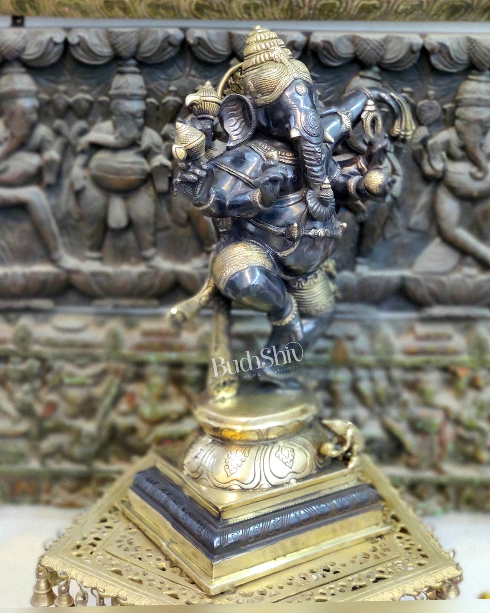 Handcrafted Brass Dancing Ganesha Statue - Large Size - Black and Gold Finish - 25 inches - Budhshiv.com