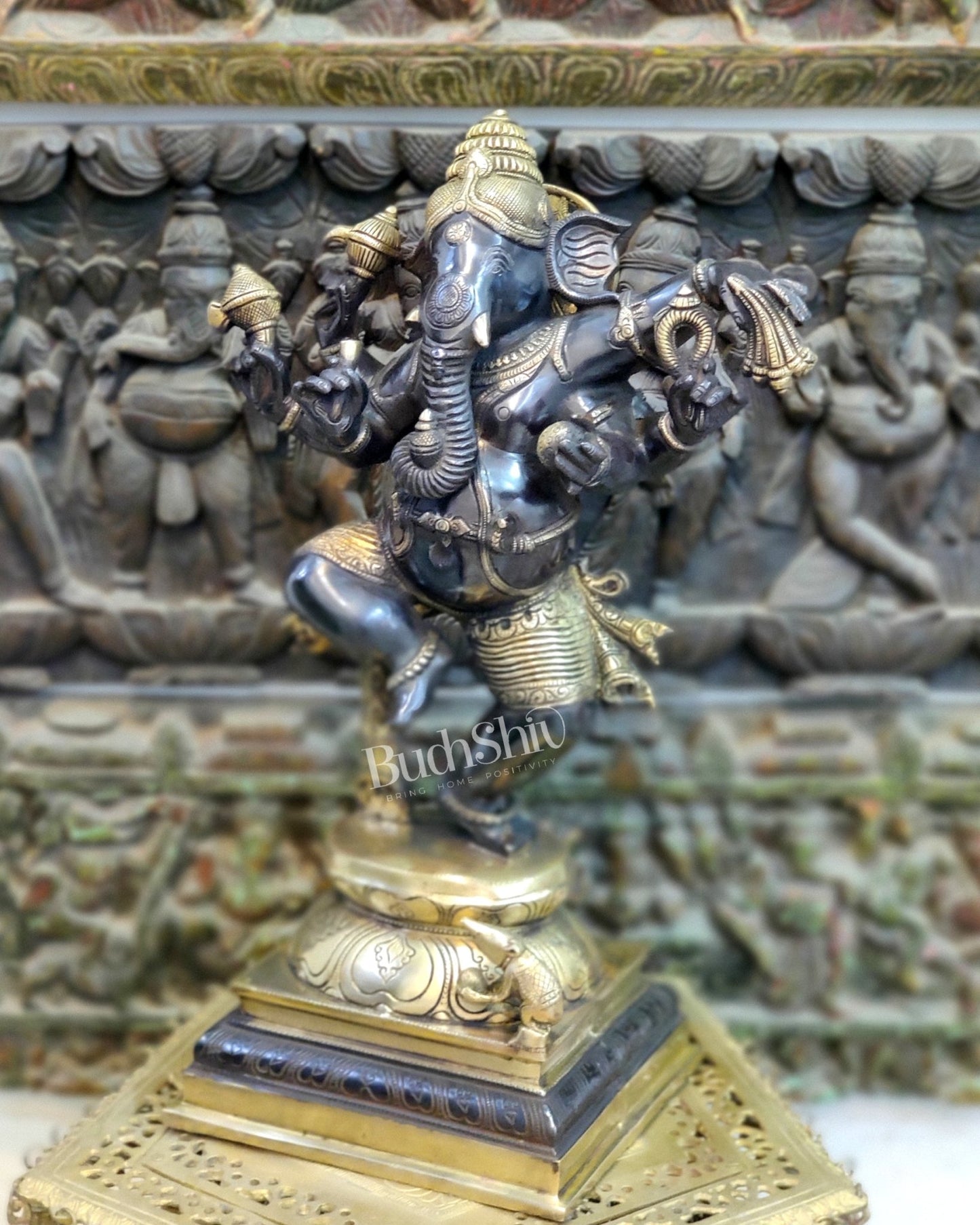 Handcrafted Brass Dancing Ganesha Statue - Large Size - Black and Gold Finish - 25 inches - Budhshiv.com