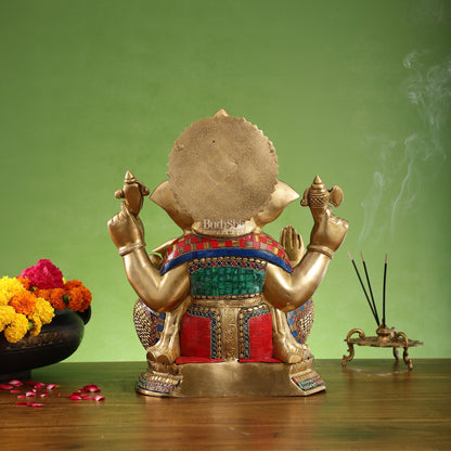 Handcrafted Brass Ganapathi Seated 16 inch with stonework - Budhshiv.com