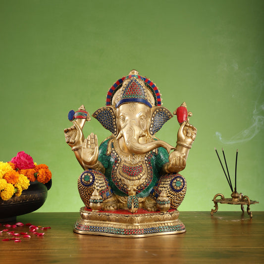 Handcrafted Brass Ganapathi Seated 16 inch with stonework - Budhshiv.com