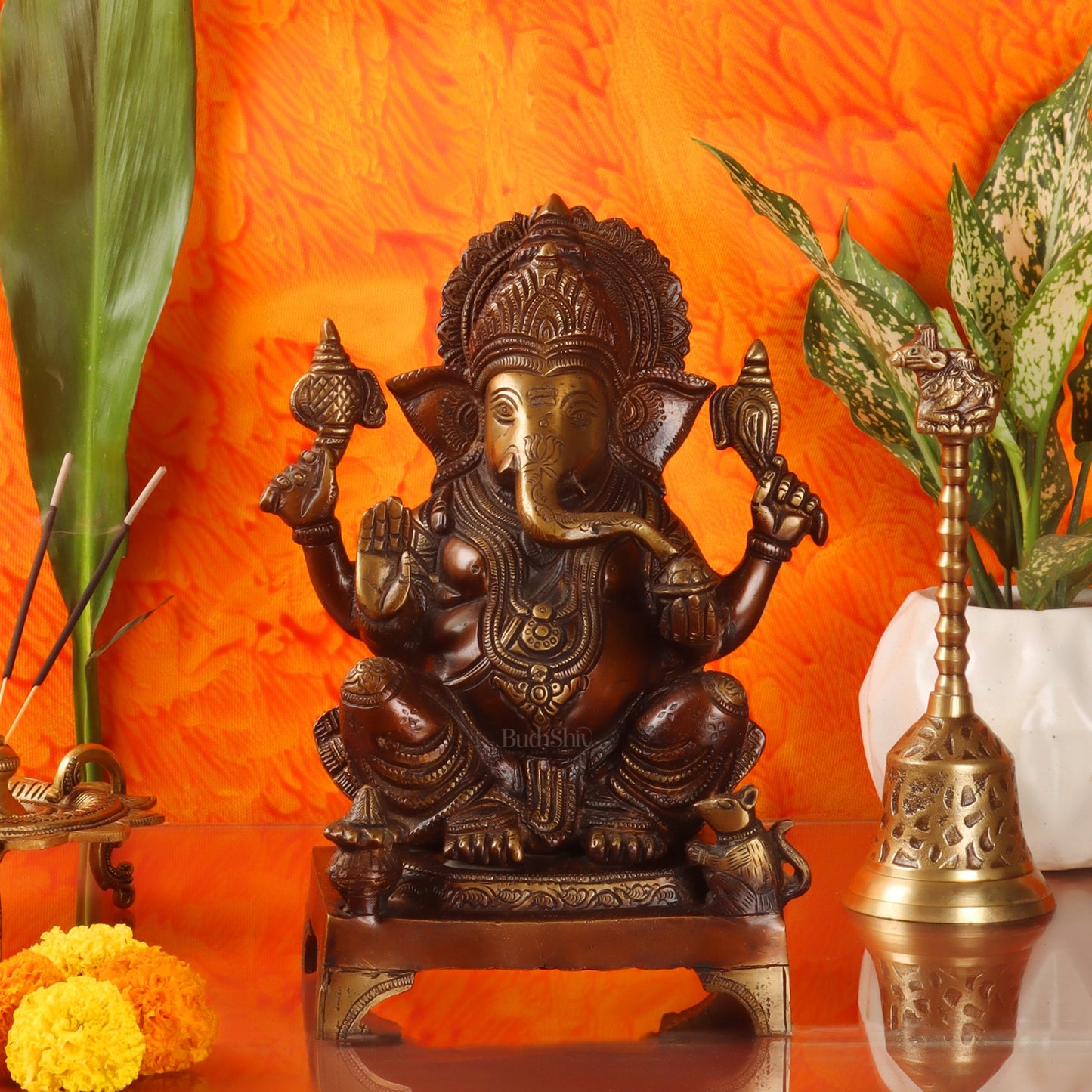 Handcrafted Brass Ganapathi Statue - 10" Height - Budhshiv.com