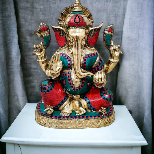 Handcrafted Brass Ganapathi Statue with Engraved Base and Stonework | Height 21.5 inches - Budhshiv.com