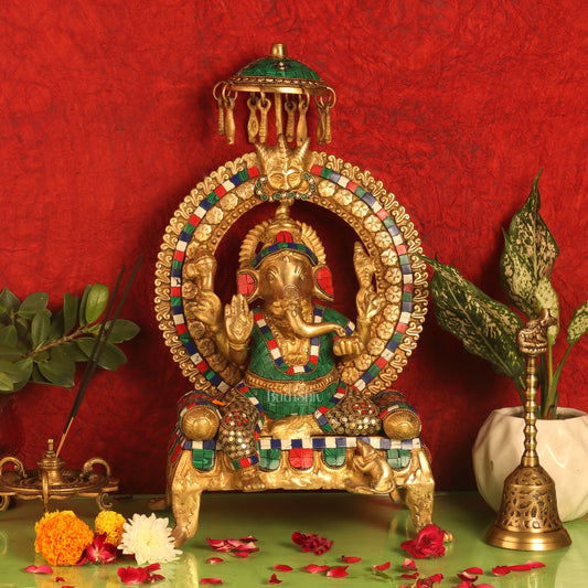 Handcrafted Brass Ganapathi Statue with Natural Stone Embellishments - 17.5" Height - Budhshiv.com