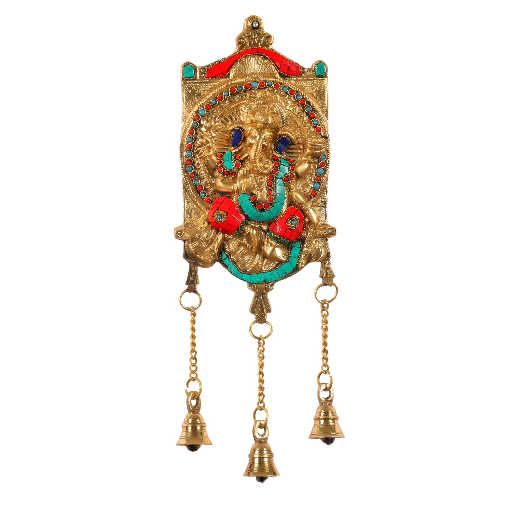 Handcrafted Brass Ganapathi Wall Hanging with Natural Stone - 16 inches - Budhshiv.com