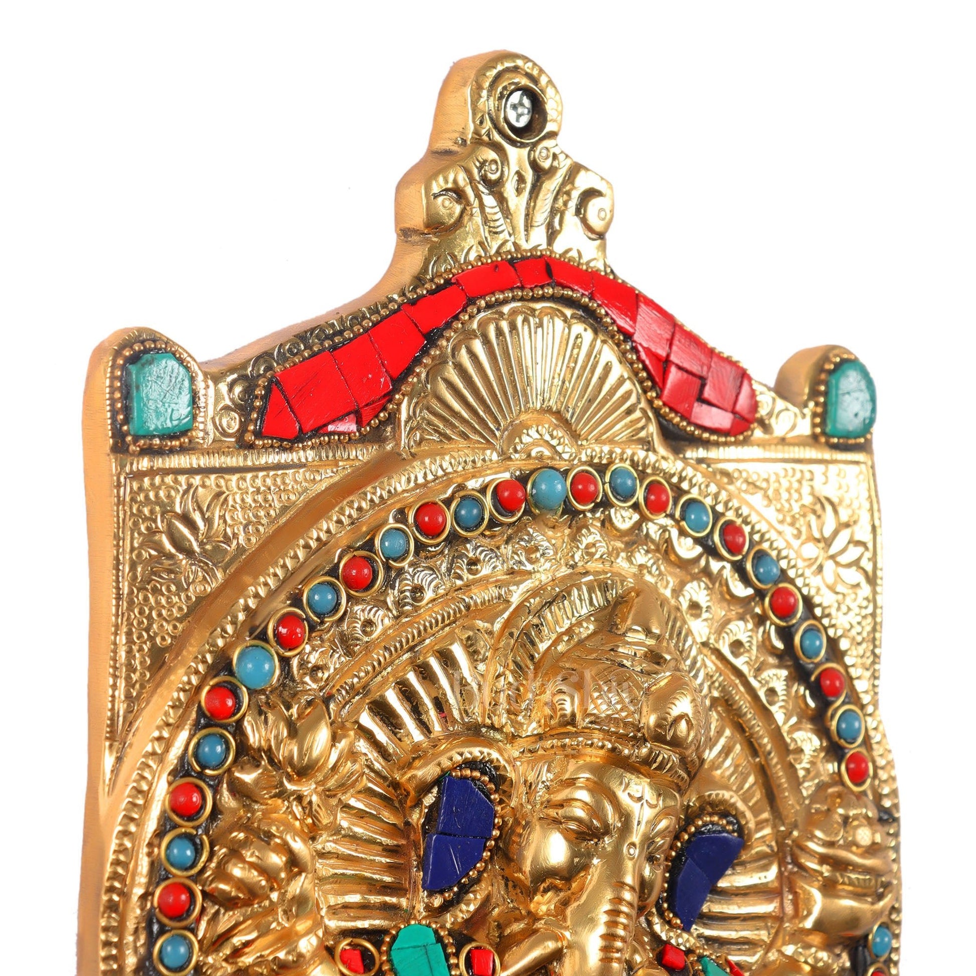 Handcrafted Brass Ganapathi Wall Hanging with Natural Stone - 16 inches - Budhshiv.com