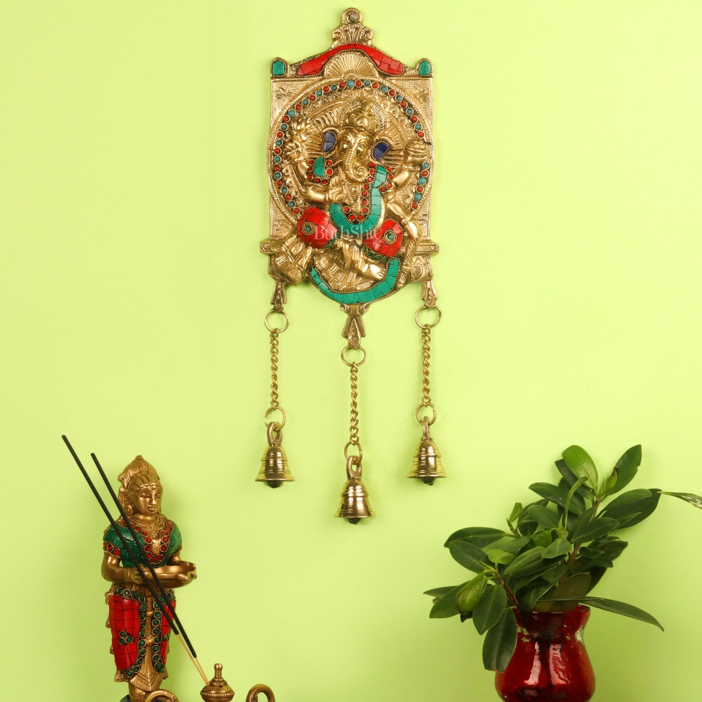 Handcrafted Brass Ganapathi Wall Hanging with Natural Stone - 16 inches - Budhshiv.com