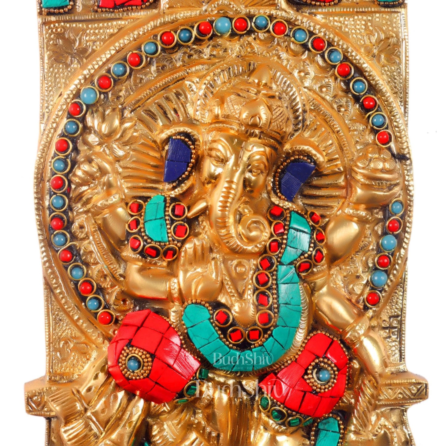 Handcrafted Brass Ganapathi Wall Hanging with Natural Stone - 16 inches - Budhshiv.com