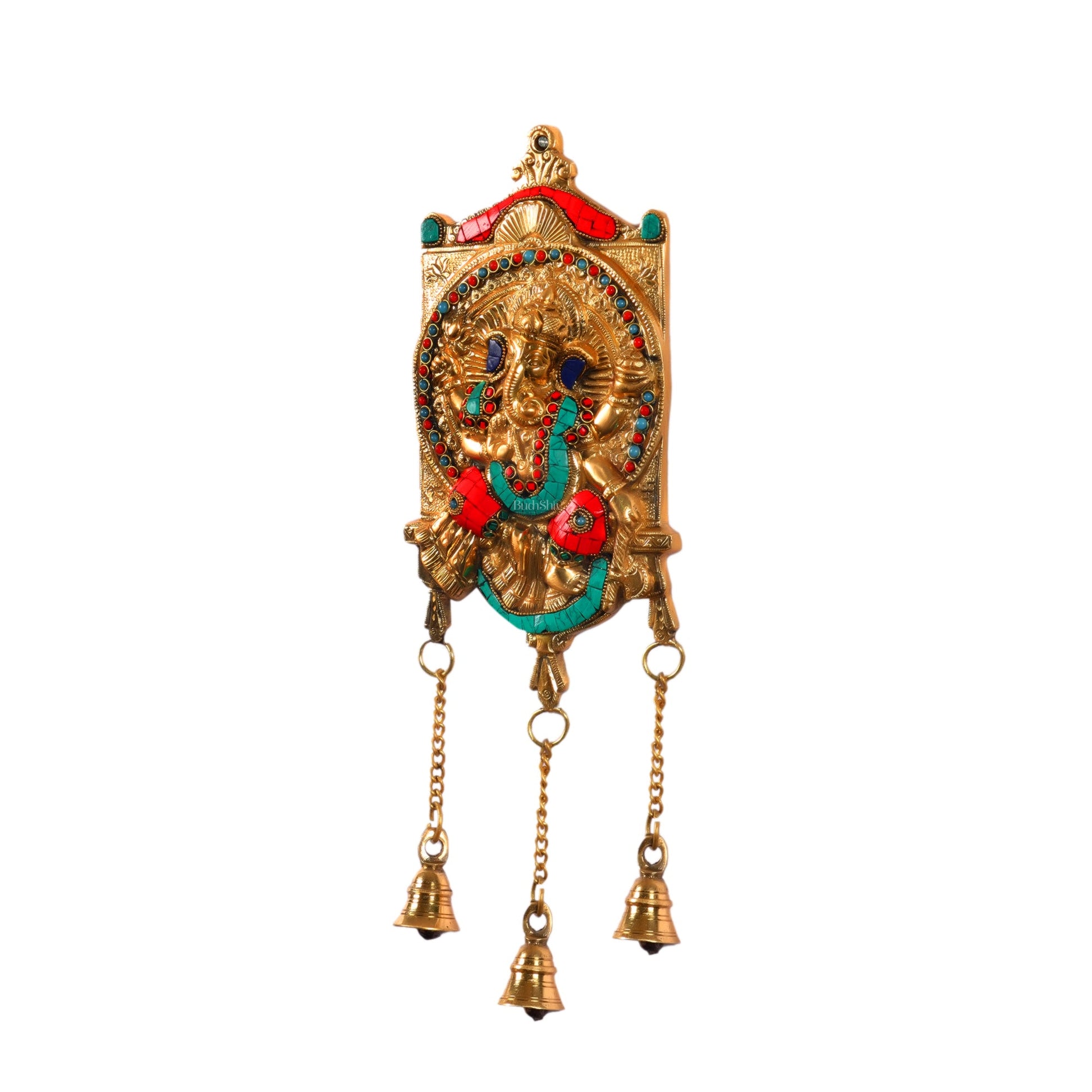 Handcrafted Brass Ganapathi Wall Hanging with Natural Stone - 16 inches - Budhshiv.com