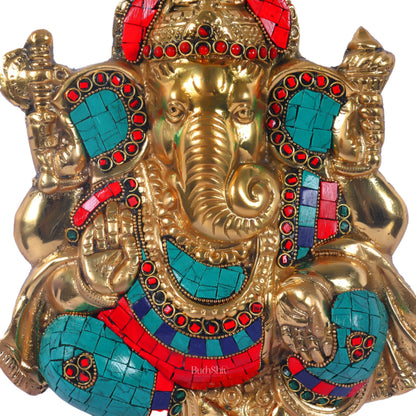 Handcrafted Brass Ganapathi Wall Hanging with Natural Stone - 8 inches - Budhshiv.com