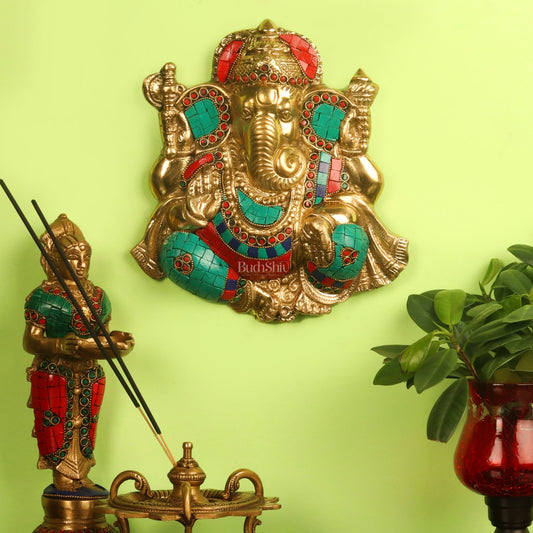 Handcrafted Brass Ganapathi Wall Hanging with Natural Stone - 8 inches - Budhshiv.com