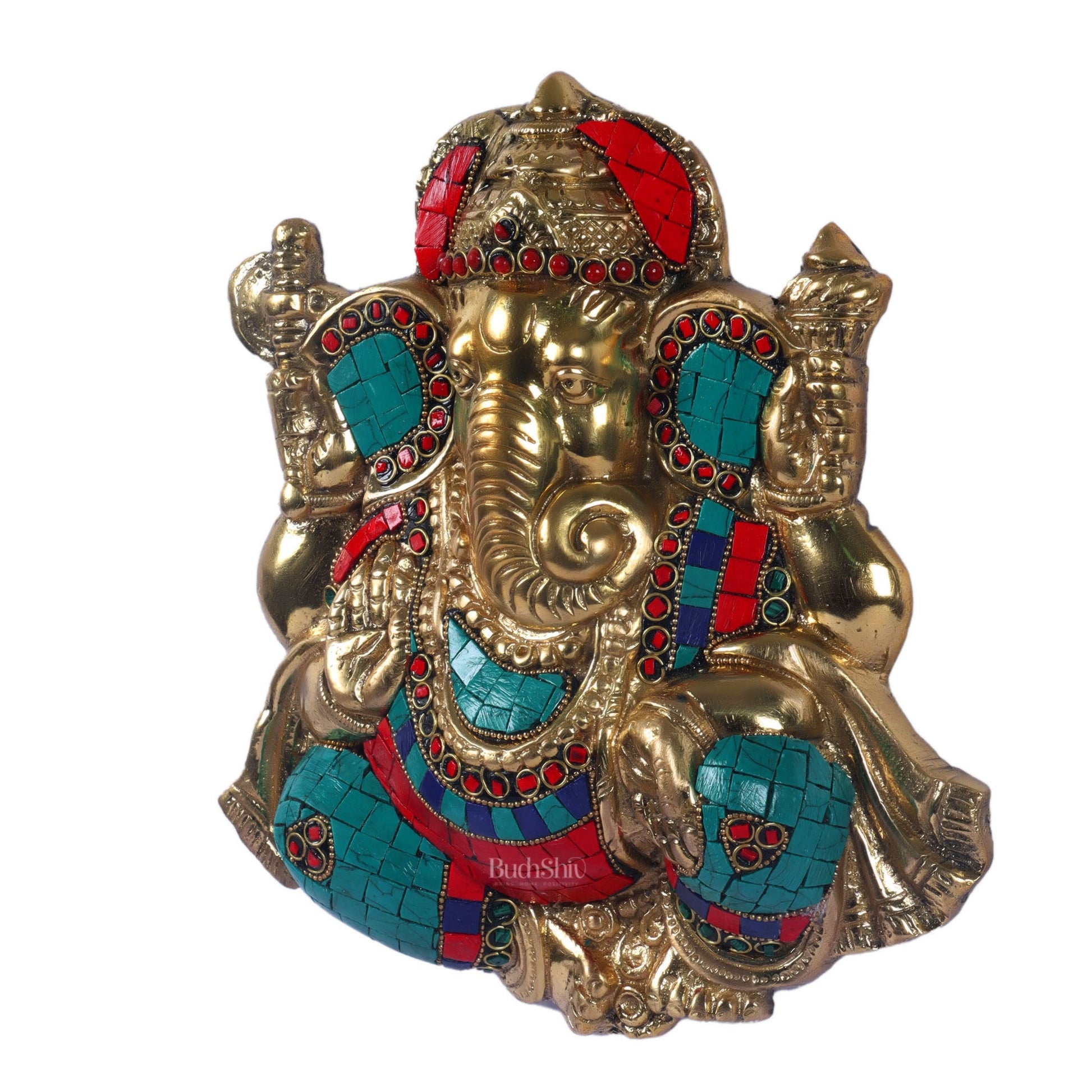 Handcrafted Brass Ganapathi Wall Hanging with Natural Stone - 8 inches - Budhshiv.com