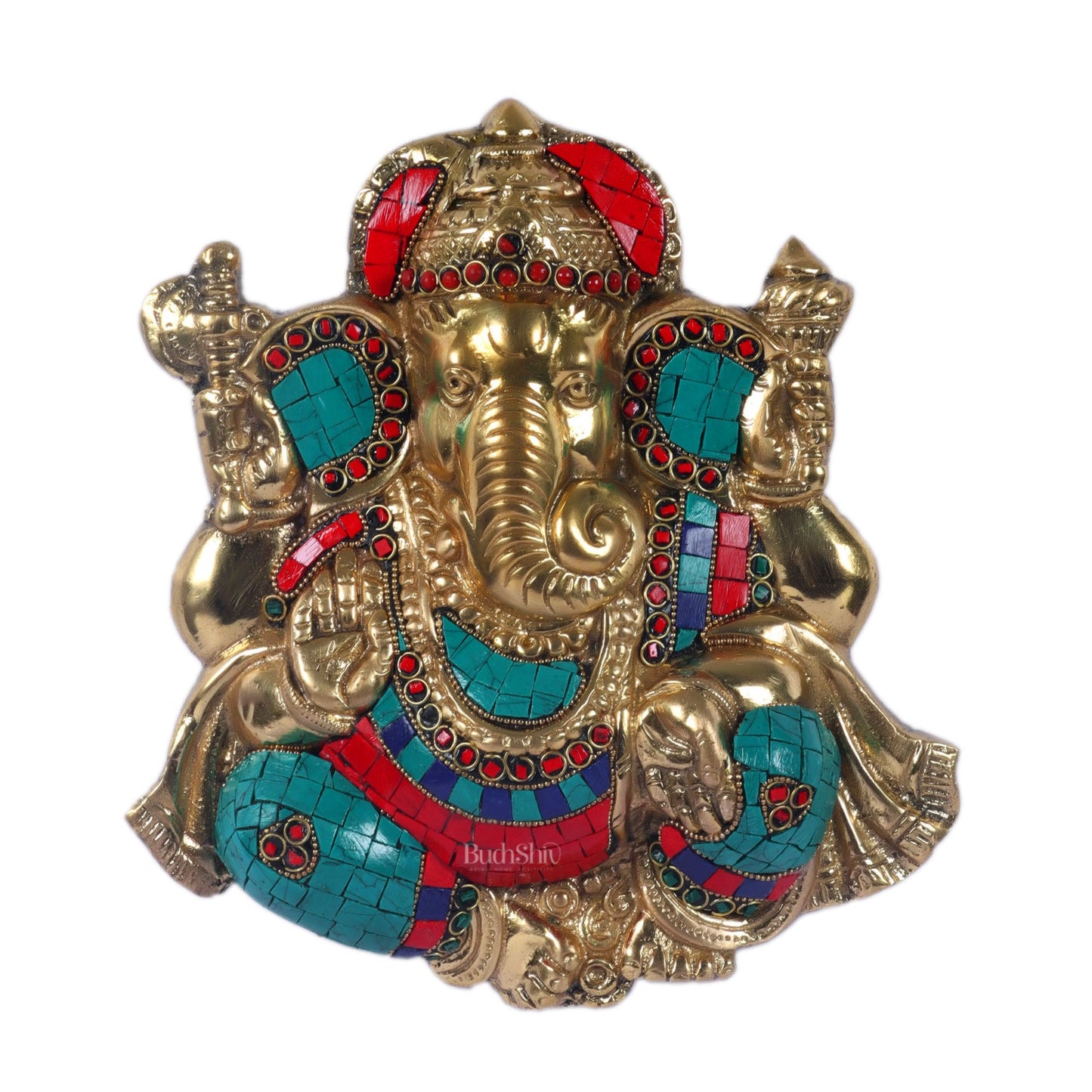 Handcrafted Brass Ganapathi Wall Hanging with Natural Stone - 8 inches - Budhshiv.com