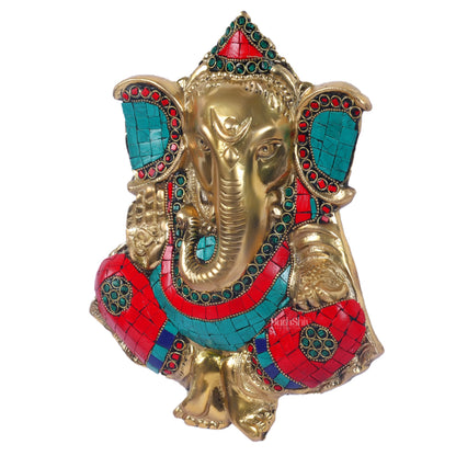 Handcrafted Brass Ganapathi Wall Hanging with Natural Stone - 9 inches - Budhshiv.com