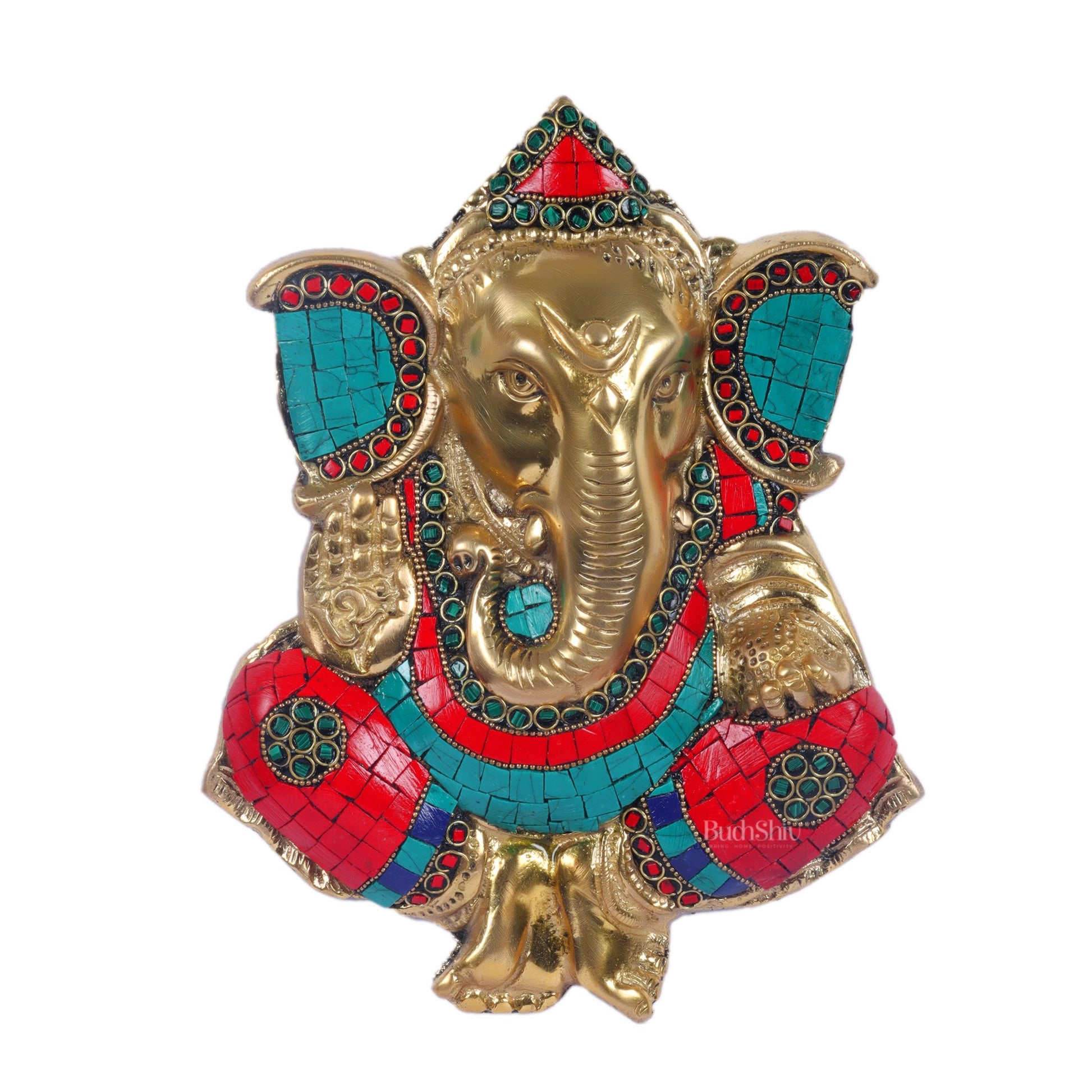 Handcrafted Brass Ganapathi Wall Hanging with Natural Stone - 9 inches - Budhshiv.com