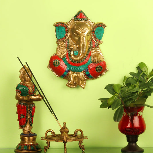 Handcrafted Brass Ganapathi Wall Hanging with Natural Stone - 9 inches - Budhshiv.com