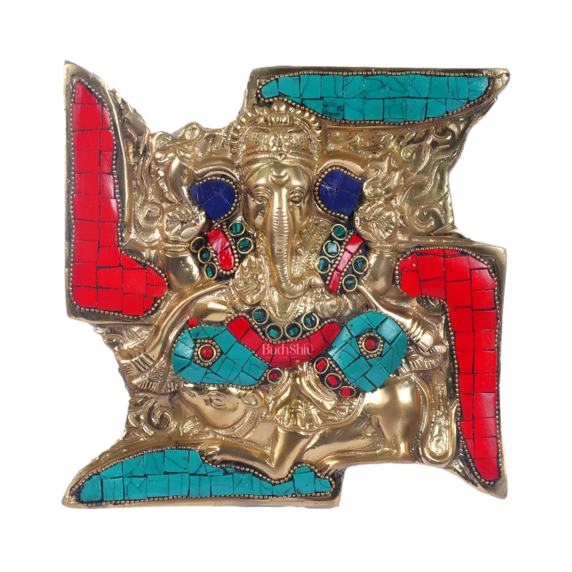 Handcrafted Brass Ganapathi Wall Hanging with Natural Stone Dressing - 9" Height - Budhshiv.com
