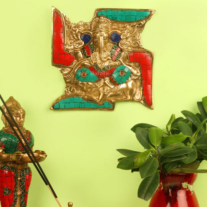 Handcrafted Brass Ganapathi Wall Hanging with Natural Stone Dressing - 9" Height - Budhshiv.com