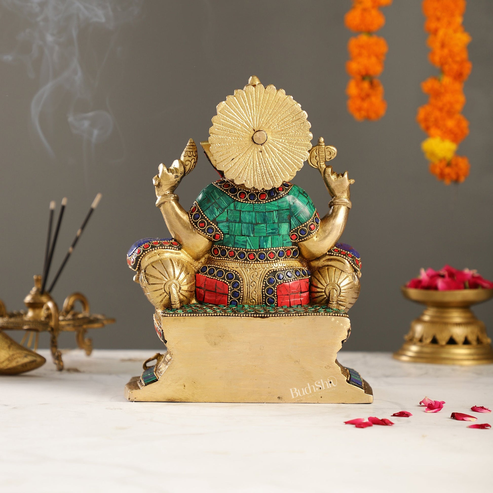 Handcrafted Brass Ganesha Idol with Meenakari Stonework | 8" Height | Artistic Excellence - Budhshiv.com