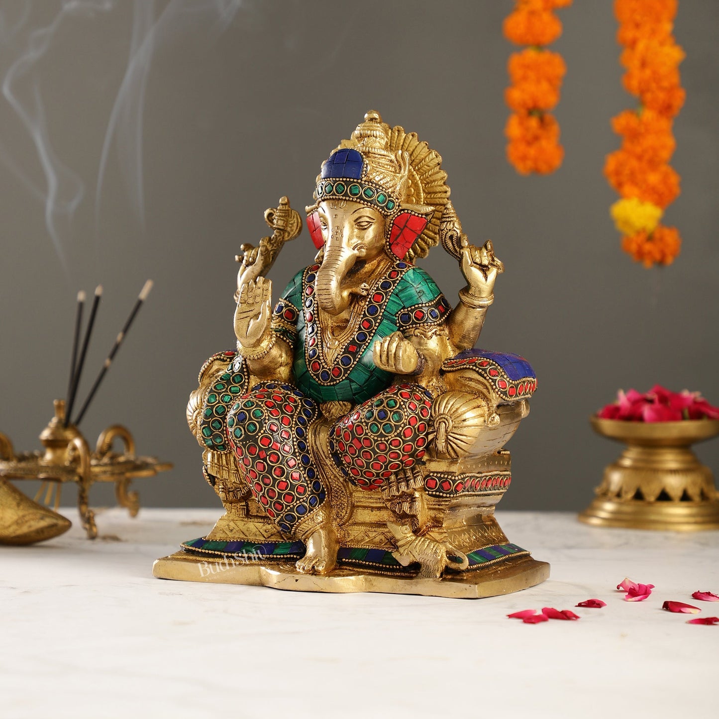 Handcrafted Brass Ganesha Idol with Meenakari Stonework | 8" Height | Artistic Excellence - Budhshiv.com