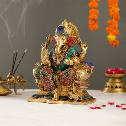 Handcrafted Brass Ganesha Idol with Meenakari Stonework | 8" Height | Artistic Excellence - Budhshiv.com