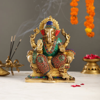 Handcrafted Brass Ganesha Idol with Meenakari Stonework | 8" Height | Artistic Excellence - Budhshiv.com