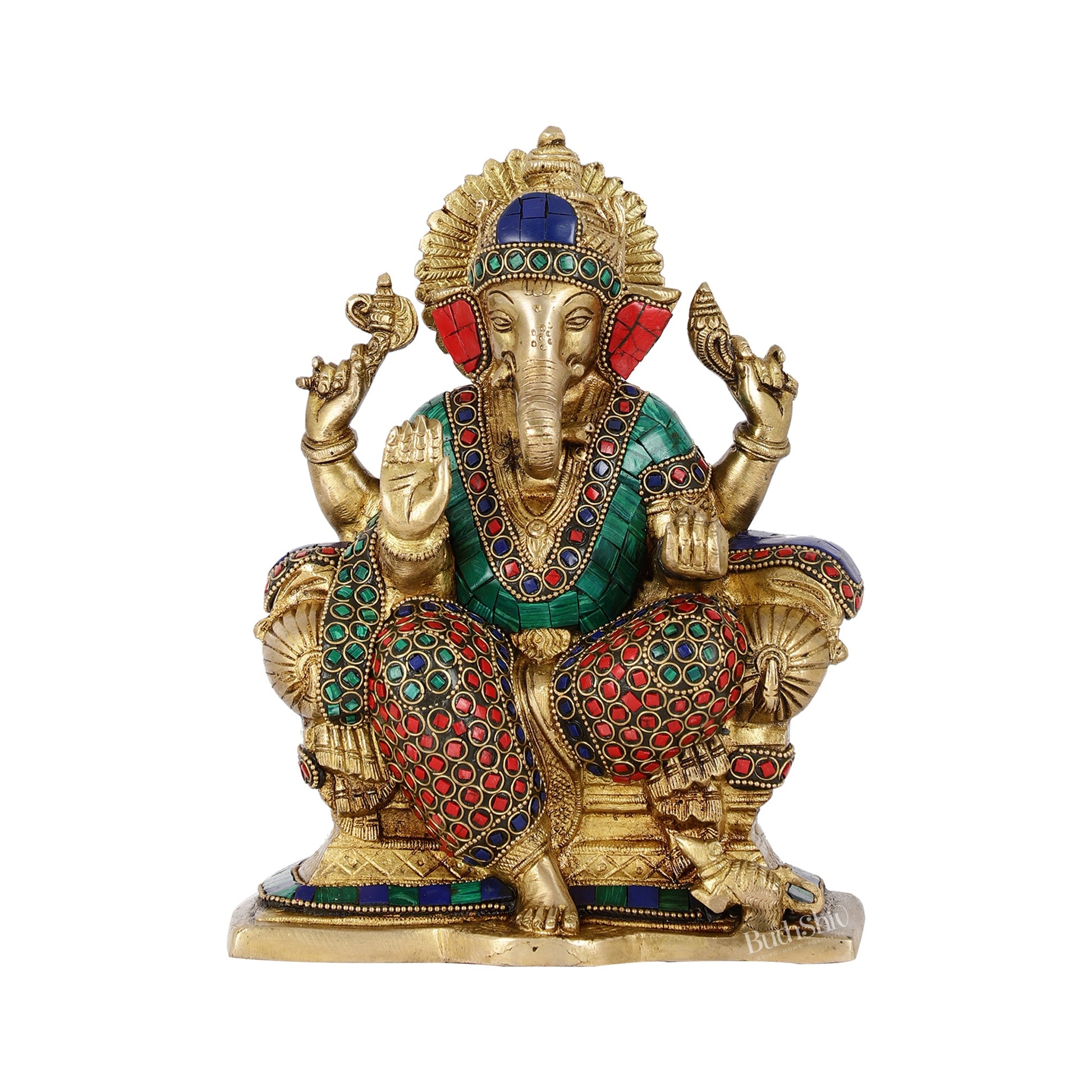 Handcrafted Brass Ganesha Idol with Meenakari Stonework | 8" Height | Artistic Excellence - Budhshiv.com