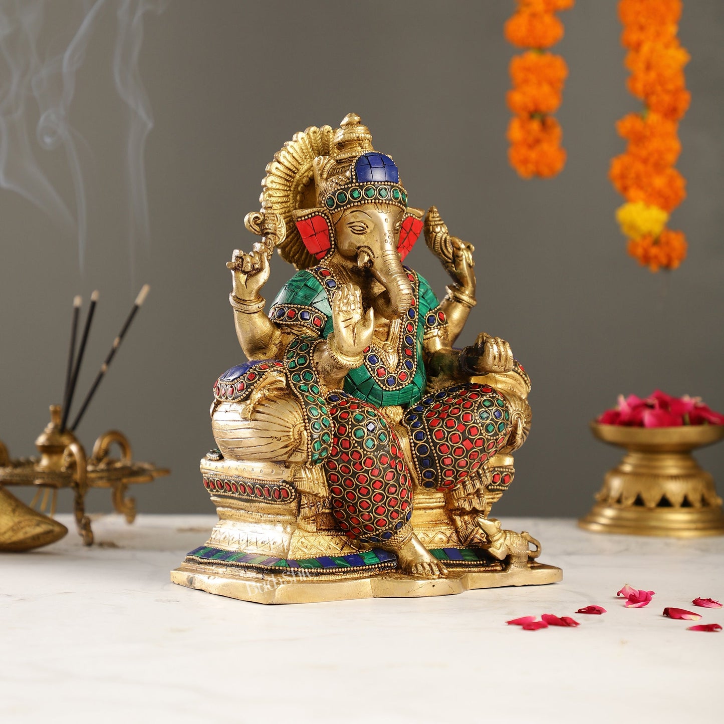 Handcrafted Brass Ganesha Idol with Meenakari Stonework | 8" Height | Artistic Excellence - Budhshiv.com