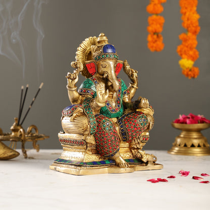 Handcrafted Brass Ganesha Idol with Meenakari Stonework | 8" Height | Artistic Excellence - Budhshiv.com