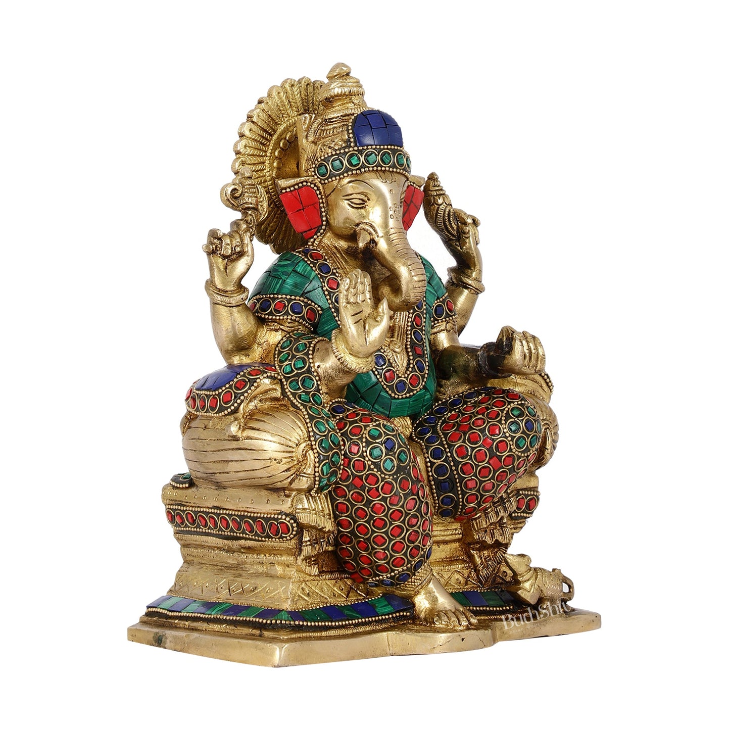 Handcrafted Brass Ganesha Idol with Meenakari Stonework | 8" Height | Artistic Excellence - Budhshiv.com